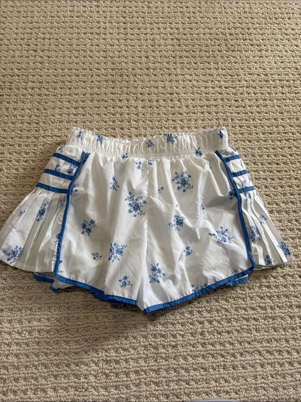 White Skort Shorts with Blue Floral Print and Trim